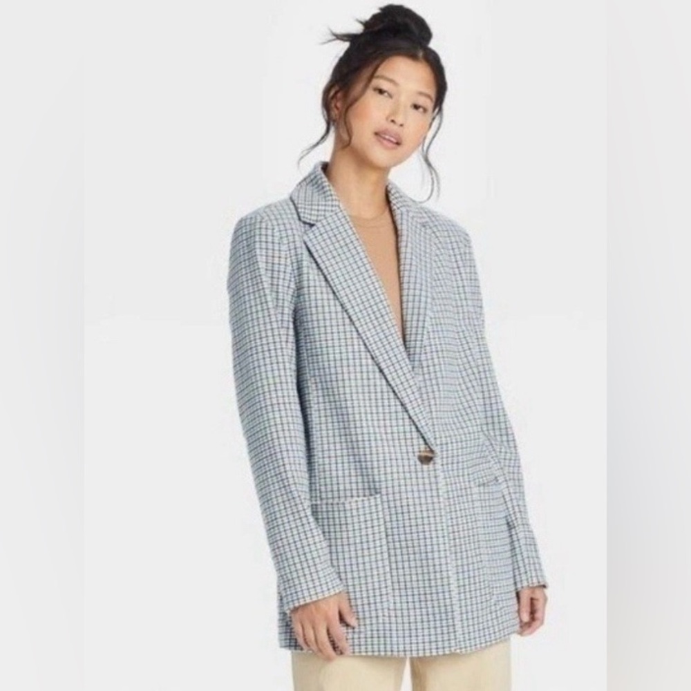 A New Day Oversized Blazer Blue Gray grid plaid coat Size XL